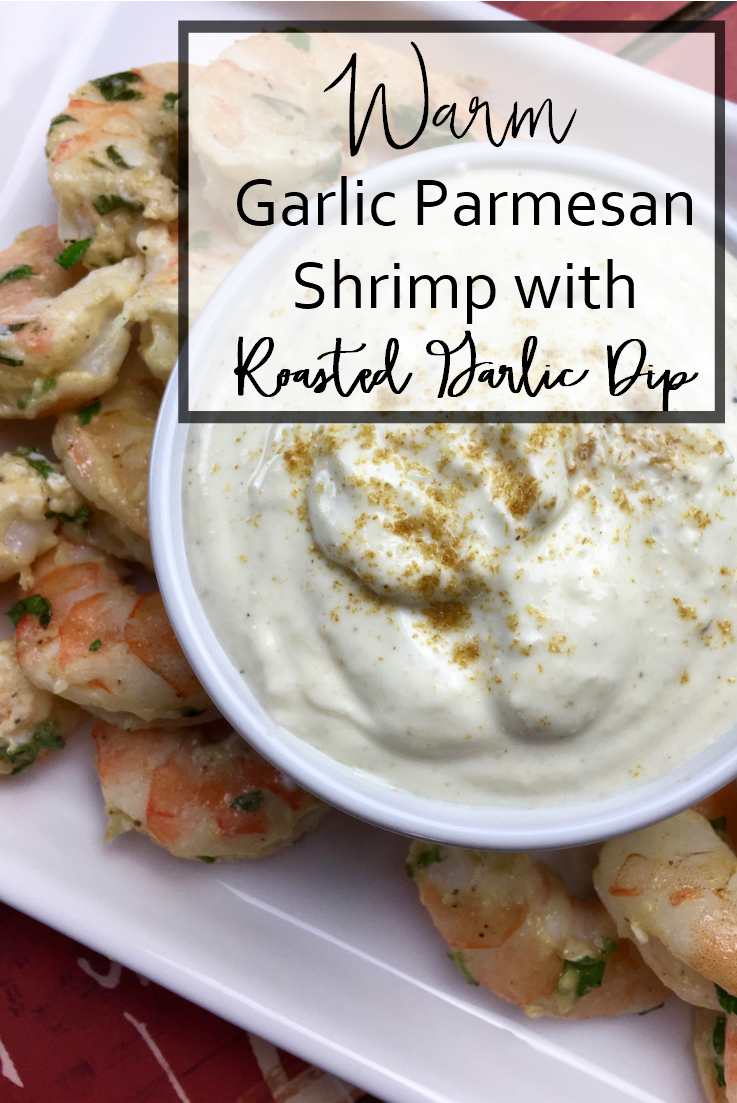 Warm Garlic Parmesan Shrimp with Roasted Garlic Dip is such a great appetizer for special occasions. It's perfect for a romantic dinner, a wedding or engagement party, or even New Year's Eve. Try the dip with veggies or pita, too. 