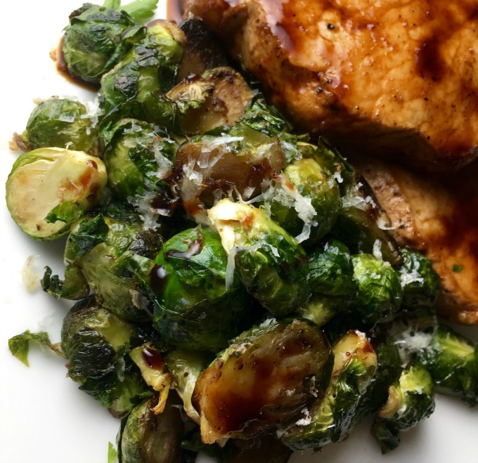 Delicious pan roasted brussels sprouts with balsamic maple sauce