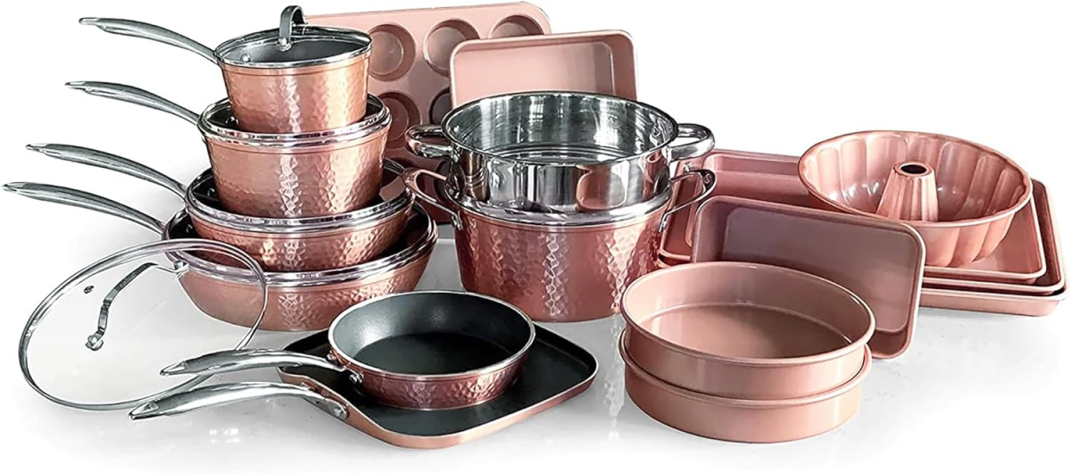 OrGREENiC Luxurious Non-Stick Ceramic 22 Piece Rose Gold Cookware Set with Glass Lids