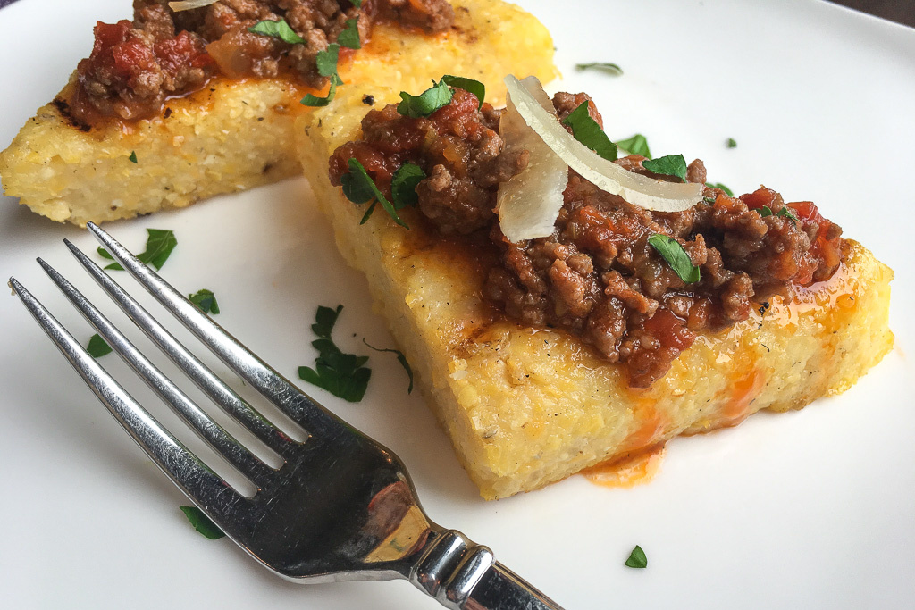 grilled polenta crostini with Tuscan meat ragu